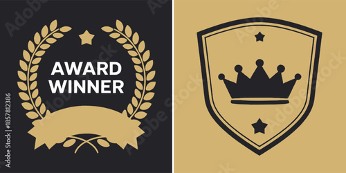 Collection of elegant gold and black award winner badge icons representing achievement distinction and premium quality status