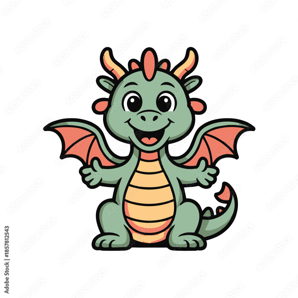 Fototapeta premium Joyful Cartoon Dragon: A cheerful cartoon dragon with adorable wings, a playful tail, and a beaming smile brings fantasy to life. 