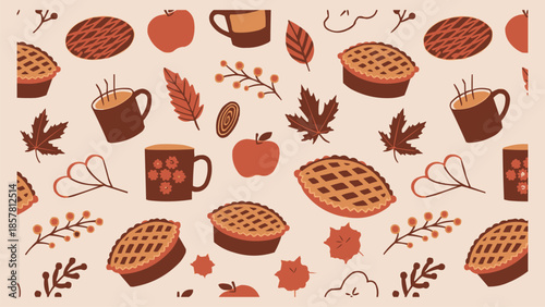 Charming autumn pattern featuring warm beverage mugs lattice pies crisp leaves berries and fresh apples celebrating fall harvest
