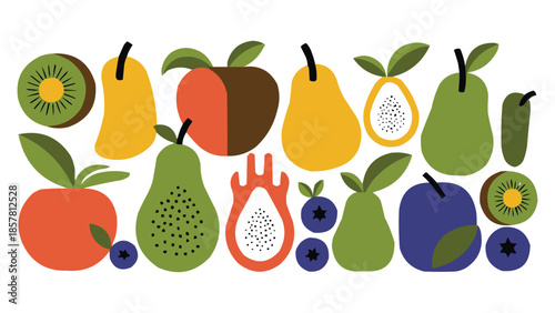 A delightful collection of stylized kiwi apples pears blueberries and dragon fruit presented in a vibrant flat design.