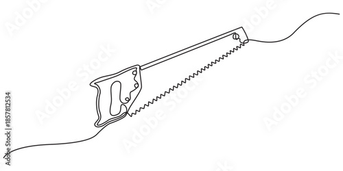 Continuous line drawing of wood saw.one line drawing of carpenter equipment saw, Hand saw continuous line drawing. Home tool for cutting wood. Simple hand drawn style vector design element.