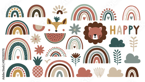 Collection of whimsical boho rainbows cute woodland animals tropical fruits and happy lettering for nursery decor