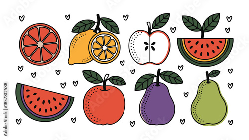 Charming collection of stylized whole and sliced fresh fruits including watermelon apple pear lemon and citrus illustration elements