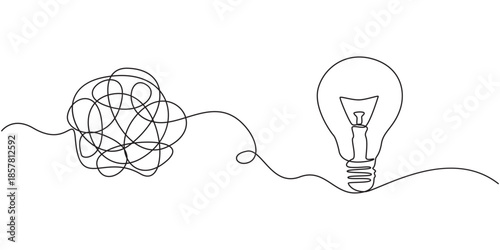 unraveling to glowing light bulb animation continuous one line drawing, Animated One continuous line drawing of tangled and scribble wires with light bulbs. Concept of complex problem solving process