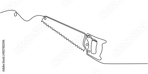Continuous line drawing of wood saw.one line drawing of carpenter equipment saw, Hand saw continuous line drawing. Home tool for cutting wood. Simple hand drawn style vector design element.
