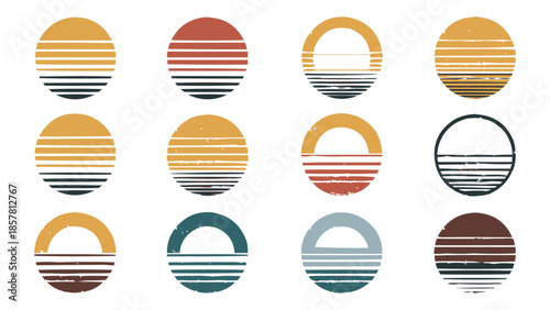 Collection of twelve distressed retro sunset and sunrise circle graphic icons featuring various vintage color palettes for design use