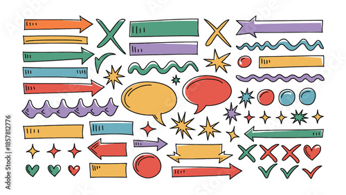 Assorted hand drawn doodle icons featuring colorful arrows speech bubbles stars shapes circles hearts and decorative elements for design