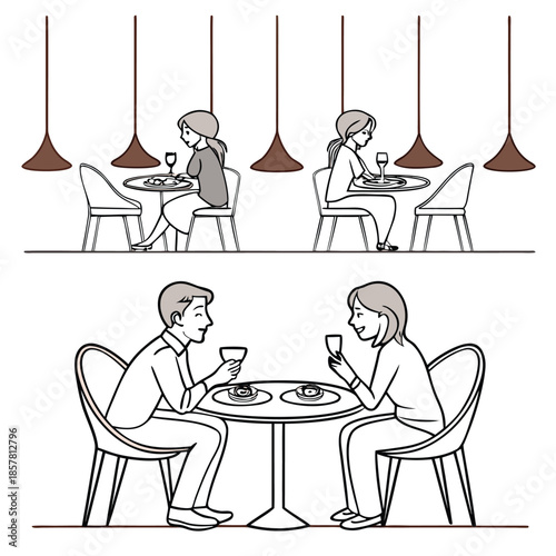 a simple illustration depicts couples enjoying intimate dining experiences at tables in a warmly lit restaurant silhouette