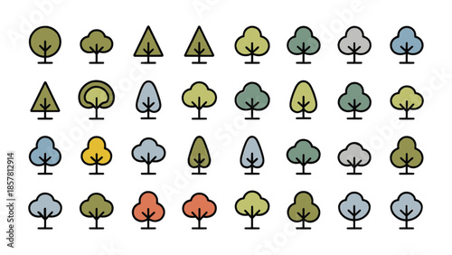 Collection of simple outline vector icons representing diverse tree shapes and natural color palettes perfect for ecological design projects