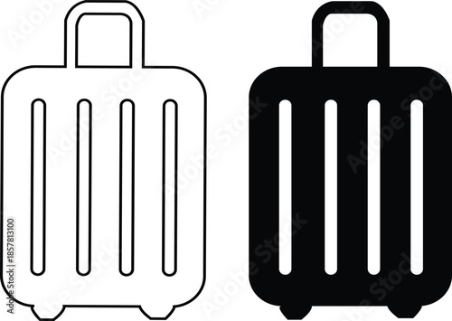 Black travel bag icon set in flat and line style, luggage symbol collection featuring backpacks, suitcases and trolley group, minimal monochrome baggage vector illustration pack with synonym elements