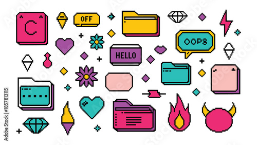 Assorted collection of colorful retro pixel art icons featuring folders, hearts, gems, and playful digital elements