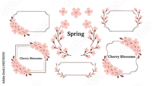 Collection of delicate cherry blossom frames and decorative floral elements perfect for spring themed invitations and stationery design projects