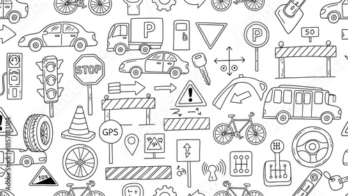 Seamless monochrome doodle pattern featuring hand-drawn road signs, various vehicles, and essential transport elements, perfect for backgrounds and creative designs