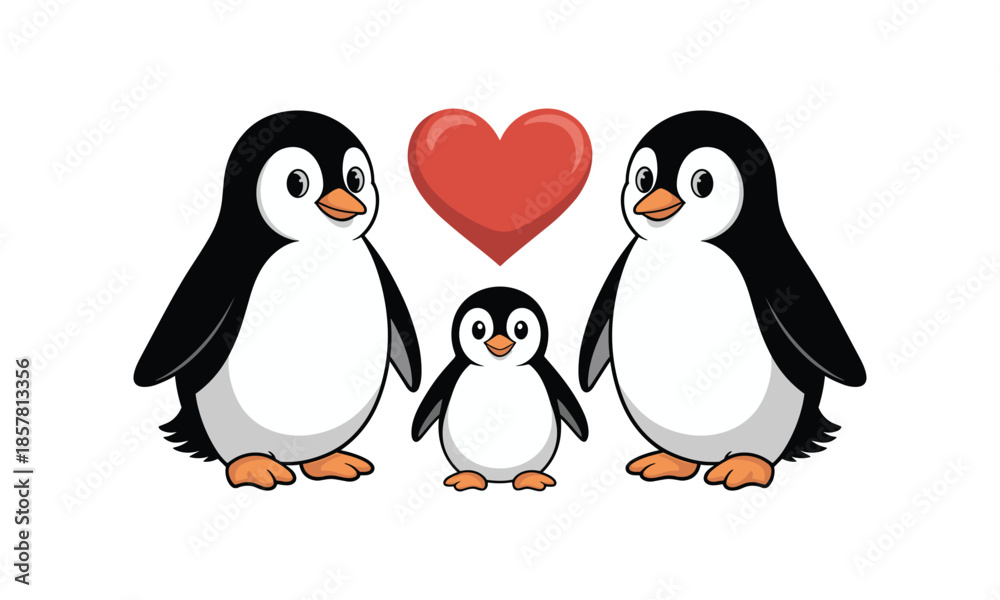 Fototapeta premium Penguin Family with Red Heart on White Background