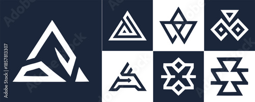 Collection of abstract white geometric triangle and letter a based logo designs presented on a dark navy and white checkered background