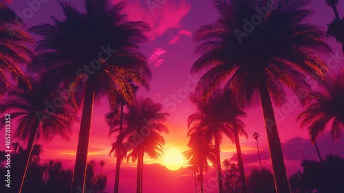 Vibrant pink and purple sunset over silhouetted palm trees.
