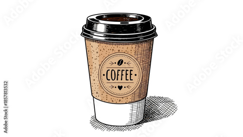 Hand-drawn sketch of a disposable coffee cup with a textured sleeve and lid, perfect for cafe branding and beverage promotion