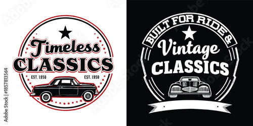 Collection of classic car emblems featuring vintage automobiles and established date text for automotive enthusiasts