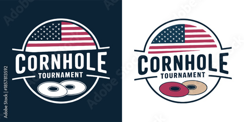 Patriotic circular emblem design featuring bold text for an all American cornhole tournament competition event