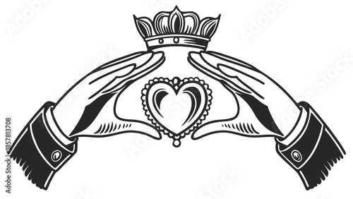 two hands gently cradling a heart shaped jewel topped with a regal crown a striking silhouette