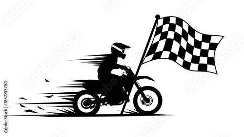 Motocross rider crossing the finish line with a checkered flag, celebrating victory