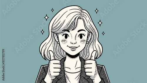 Enthusiastic young woman giving double thumbs up gesture, radiating positivity and confidence in a stylized black and white illustration, symbolizing success, approval, and excellent service