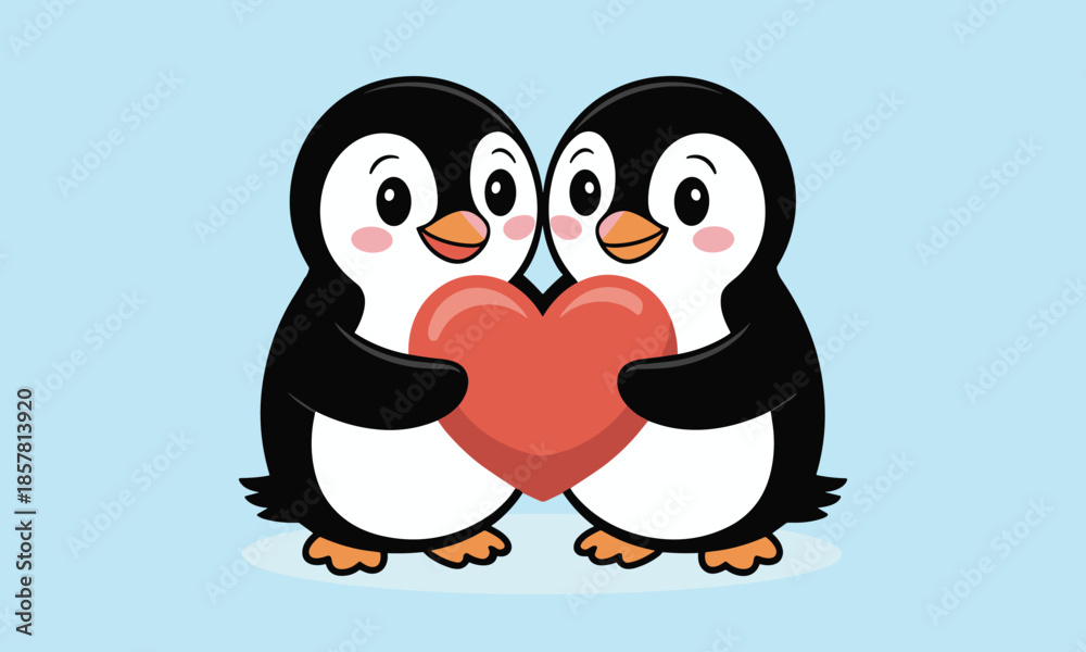 Fototapeta premium Two Happy Penguins Sharing a Red Heart couple love