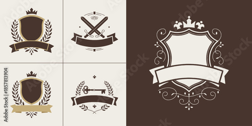 Collection of vintage heraldic crests and elegant emblems featuring shields laurels swords and banner elements perfect for branding