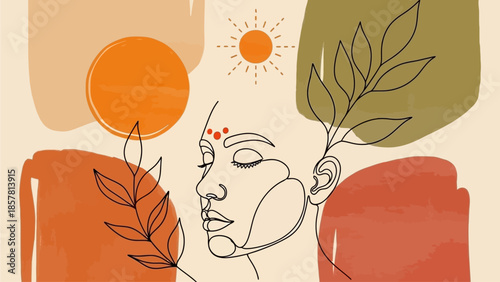 Tranquil abstract illustration of a woman in minimalist line art with botanical elements, earthy tones, and a spiritual bindi, symbolizing inner peace and natural harmony