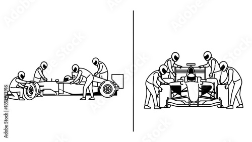 Vector illustration depicting a synchronized pit stop crew working on a racing car, highlighting speed, teamwork, and efficiency in motorsports service