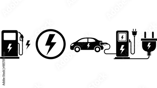 Collection of electric vehicle charging station icons, featuring car, pump, plug, and energy symbols for sustainable transport solutions