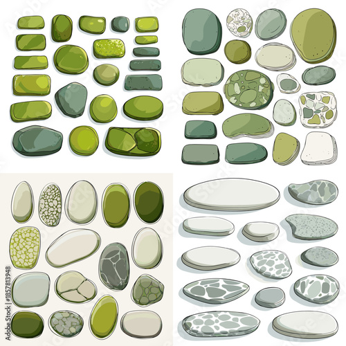 Abstract watercolor green stone shapes collection with smooth organic forms arranged as modern textures for branding decor backgrounds and nature inspired surface design