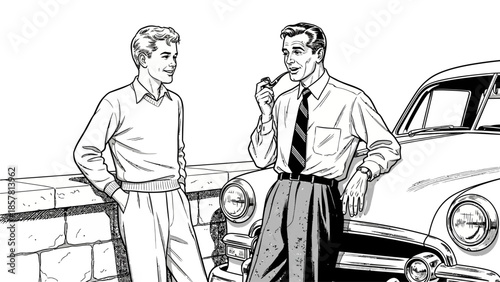Two men in vintage clothing conversing near a classic car