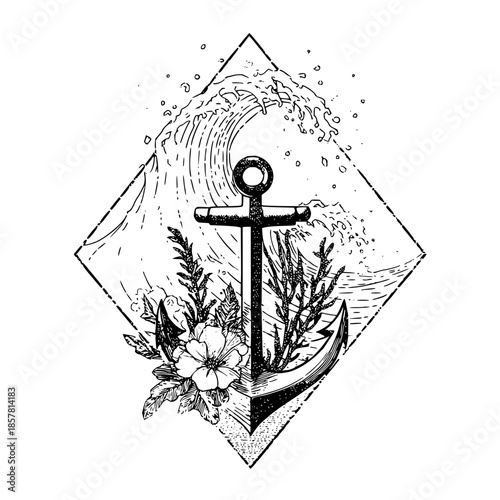 Dive into the depths of artistic expression: a captivating blend of sea, anchor, and floral elegance today