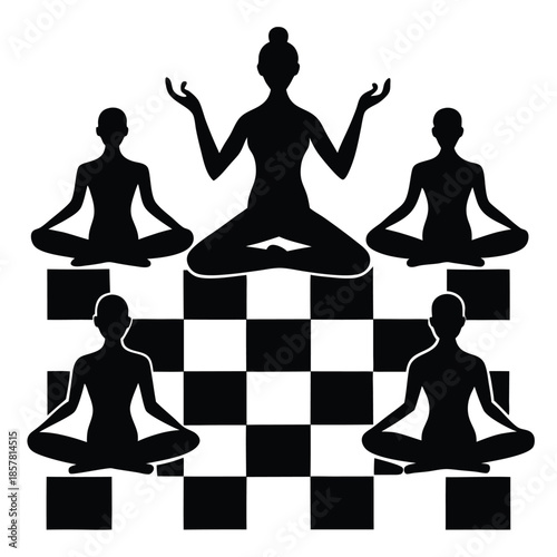 Five Silhouettes of People Meditating in Lotus Pose on a Chessboard Pattern meditation yoga