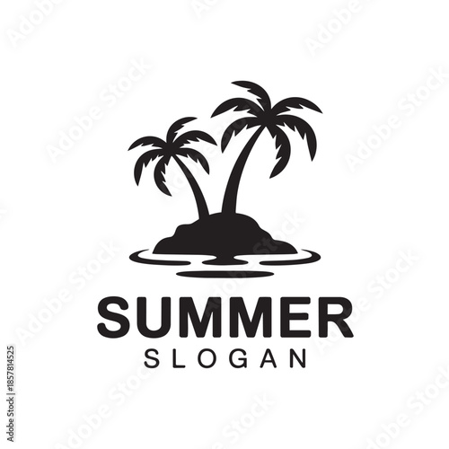 Island Paradise: Silhouette of palm trees on a tropical island with summer slogan below it. Evoking a sense of vacation and carefree joy.
