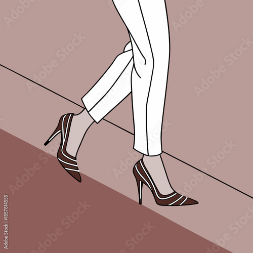 Women's legs in snow-white cropped trousers and designer stilettos walk down the path, a flat vector fashion illustration with a space to copy.