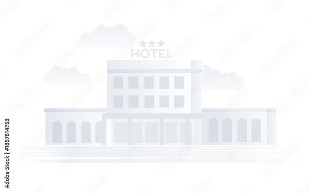 Obraz premium Three star hotel building exterior with clouds in simple flat style illustration