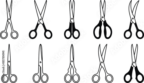 Set of open scissors outline icons, black hair cutting tool vector illustration collection, professional barber instrument symbols, sharp blade stationery shapes, isolated designs