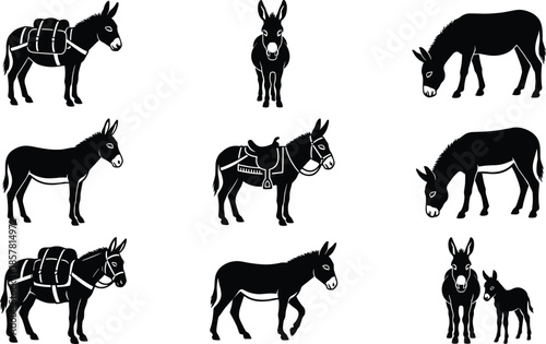 Set of donkey silhouettes, farm animal vector illustration collection, mule and burro icons, grazing and pack animals with saddle, mother and foal symbols