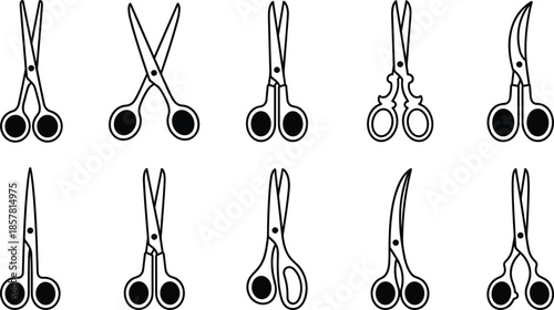 Set of open scissors icons with black handles, cutting tool vector illustration collection, professional barber instrument symbols, sharp blade stationery shapes, isolated designs