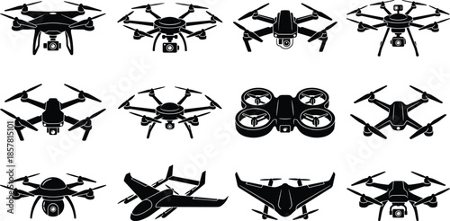 Set of drone silhouettes, remote control quadcopter vector illustration collection, aerial camera surveillance symbols, unmanned aircraft technology icons, isolated black flying objects