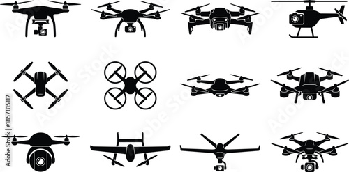 Set of drone silhouettes, remote control quadcopter vector illustration collection, aerial camera surveillance symbols, unmanned aircraft technology icons, isolated black flying objects, 