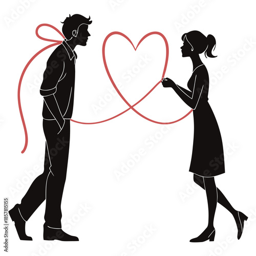 a couple connected by a red string of fate depicting a loving relationship in a striking silhouette