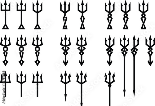 Set of black trident silhouettes, pitchfork vector icons, poseidon weapon collection, devil spear symbols, neptune fork shapes, ancient sharp battle instruments, isolated design elements