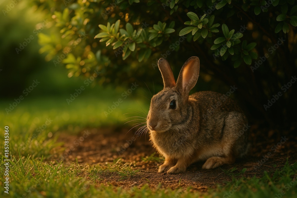 Fototapeta premium Wild rabbit under bush in golden sunlight