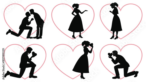 Romantic scenes depict couples in love including proposals and embraces all rendered as a striking silhouette