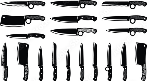 Collection of kitchen knife silhouettes and butcher cleavers, black vector illustration set of professional cooking tools and sharp cutlery icons