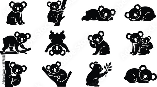 Set of cute koala silhouettes, Australian animal icons, sleeping and climbing bear vector illustration collection, black wildlife nature symbols