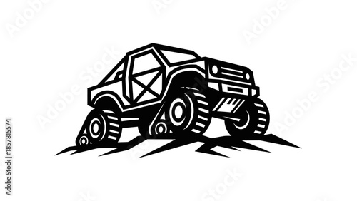 Off-road vehicle with track treads on rough terrain in black and white.